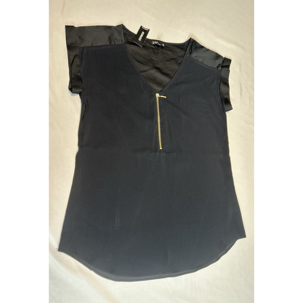 Express Womens Black V-Neck Half Zip Short Sleeve Blouse Top S/P NEW